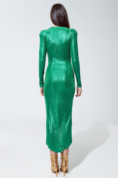 Party Dress With Plunge Neckline in Metallic Green